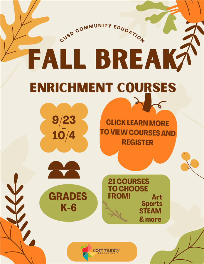  Fall Break Enrichment Courses are 9/26-10/4. Grades K-6. To register click the link.